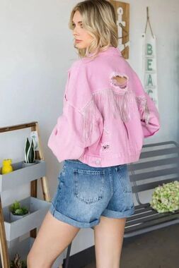Veveret Fringe McBling Distressed Button Up Denim Jacket Small Festival Nashvill